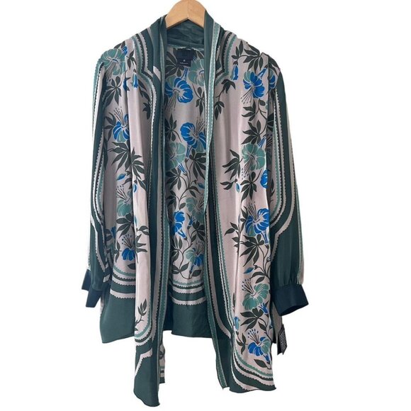 NWT Anna Sui Cardigan Blouse Size S Silk Open Front Pockets Neck Tie Wrap - Picture 1 of 15